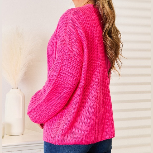 NEW Woven Right Hot Pink Ribbed Knit Open Front Drop Shoulder Cardigan Sweater - Picture 11 of 12